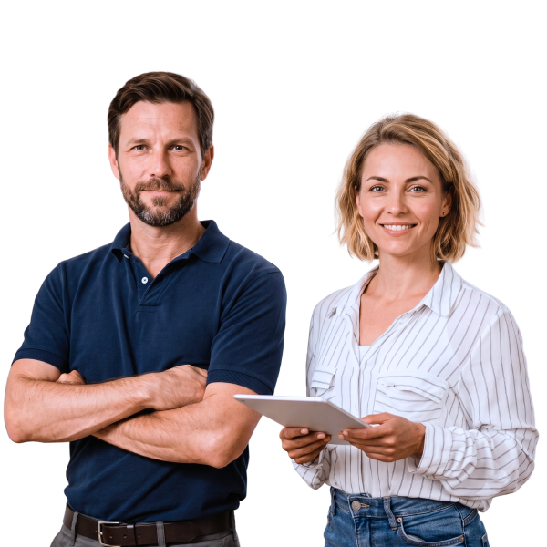 Servicetechniker mit verschränkten Armen und Disponentin mit Tablet, die Praxedo Field Service Management Software nutzt